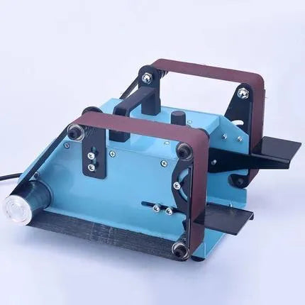 Blue desktop dual-axis belt sander with abrasive belt for knife sharpening and polishing.