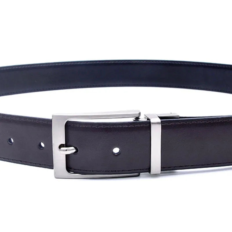 Men's brown and black genuine leather belt with rotating alloy pin buckle showing length measurement