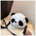 Soft plush cylindrical crossbody bag with panda head design, showing sandwich pocket.