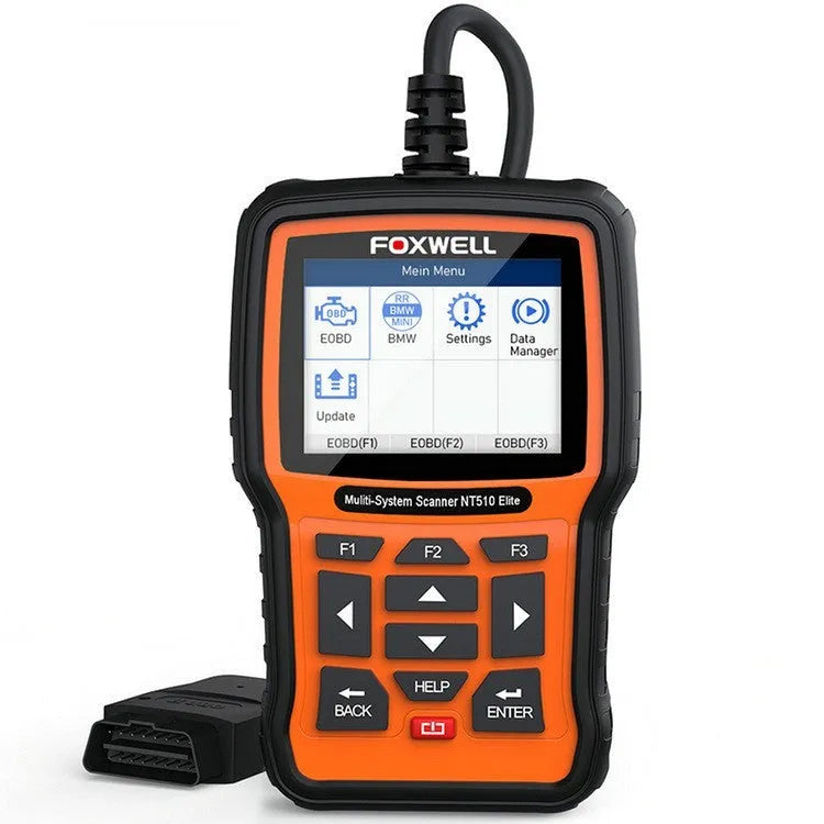 Orange and black Foxwell NT510 automotive OBD2 diagnostic scanner with data cable