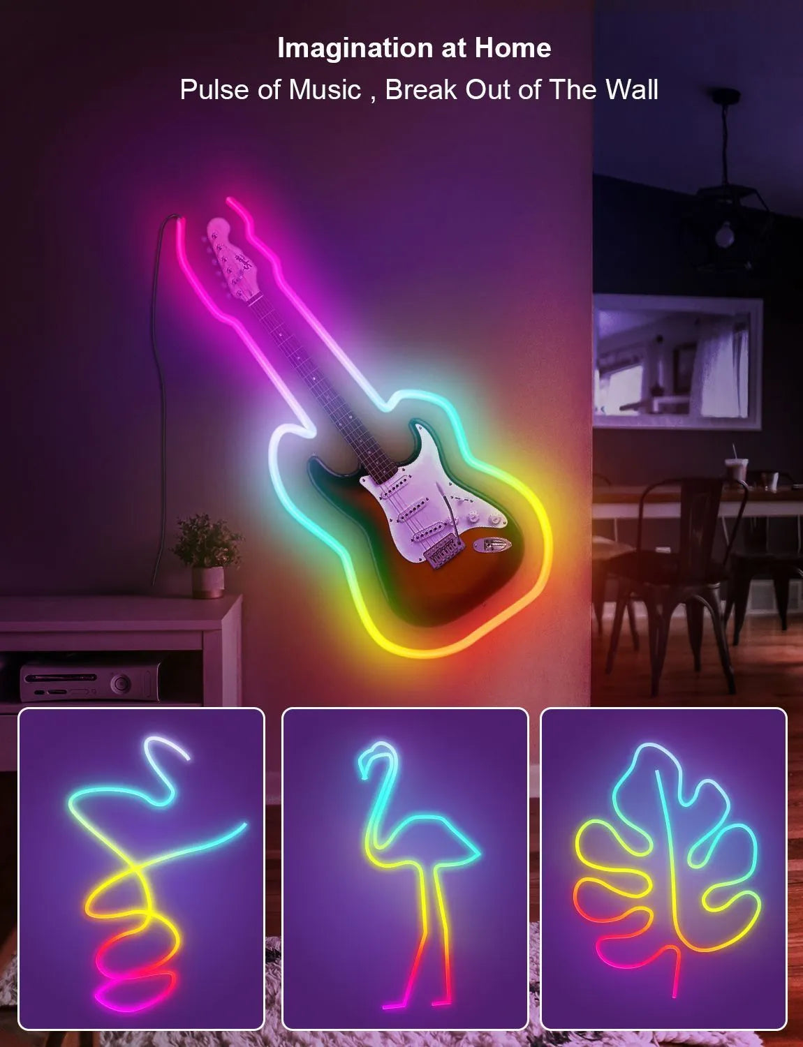 3 metre RGB LED neon light strip with remote control showing colour-changing illumination