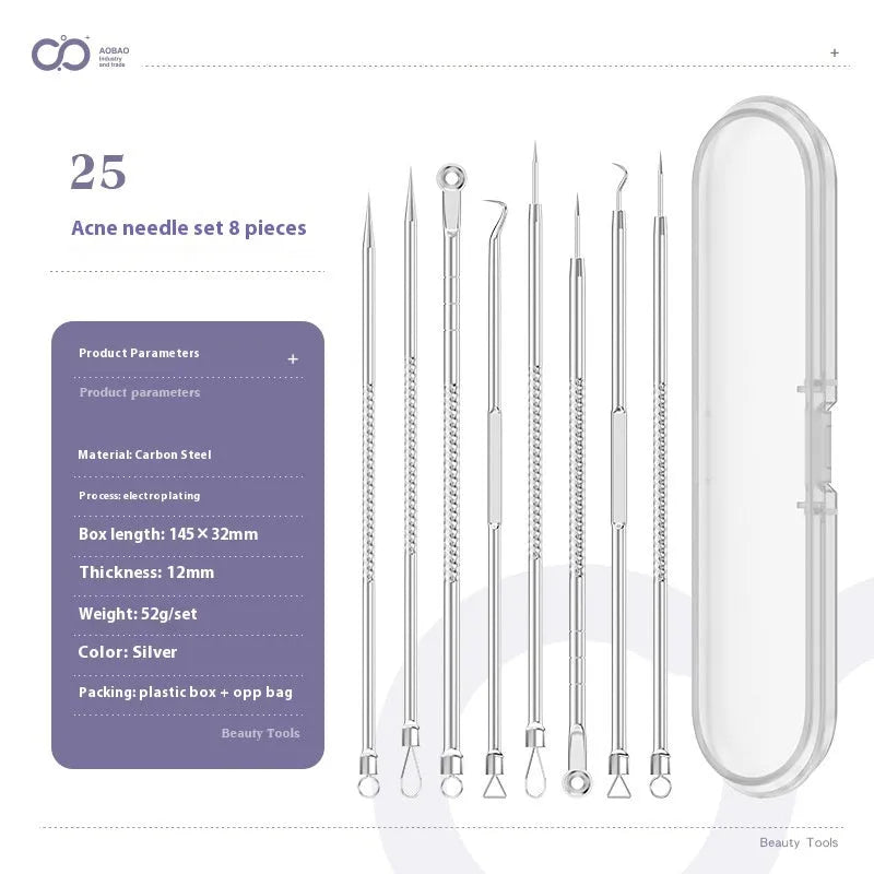 Four metal acne needles with pointed tips arranged on a clean surface.