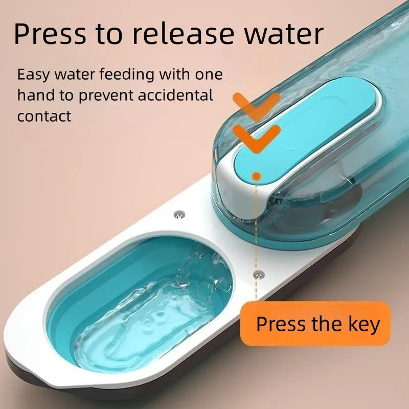 Blue folding dog water bottle with integrated drinking bowl, shown extended for use and folded for storage