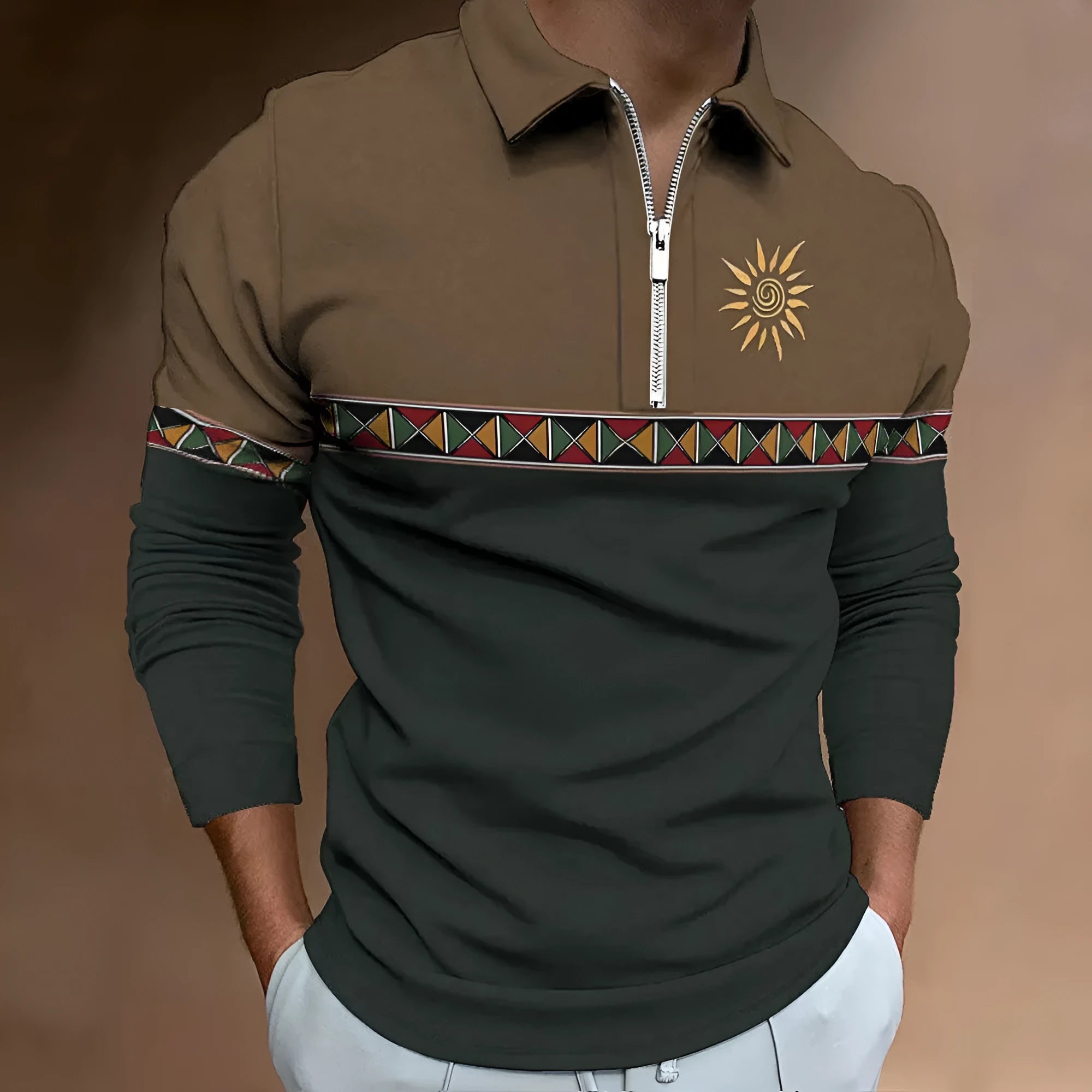 Men's loose fit long sleeve t-shirt with retro stripe prints and zip decorations