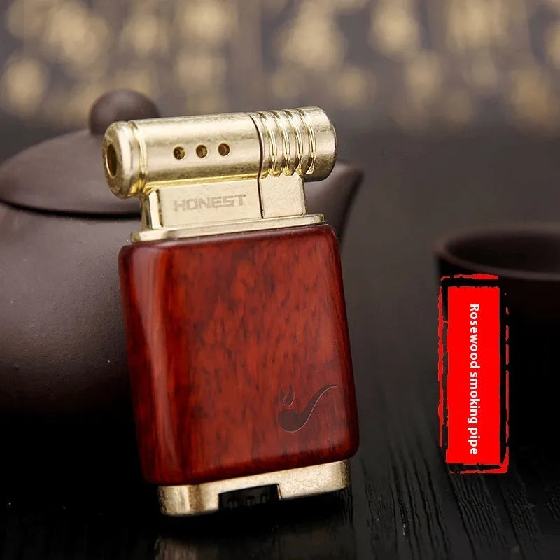 Black wood ebony gas lighter with rosewood sun face decorative panel