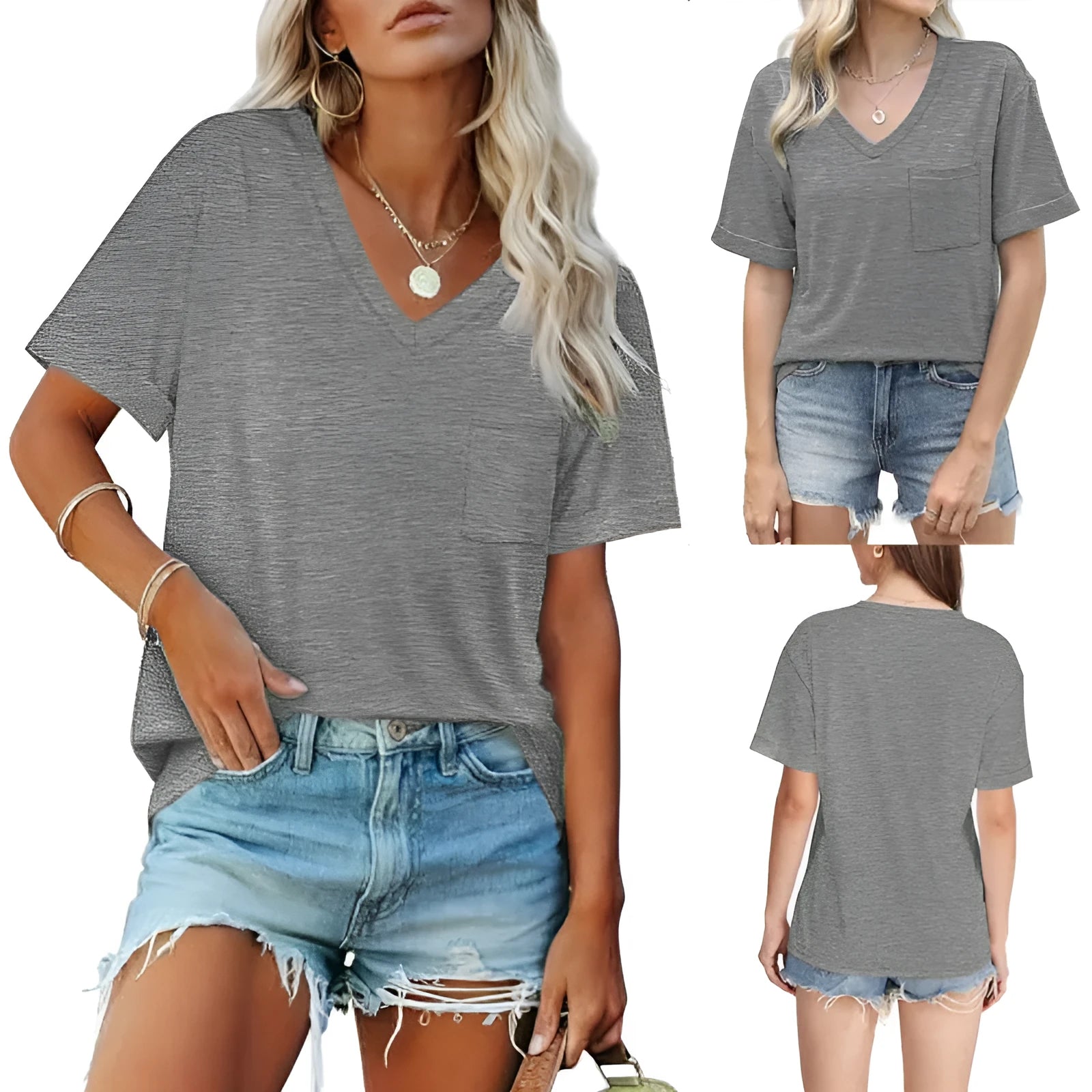 Grey loose V-neck T-shirt with chest pocket in Japanese casual style