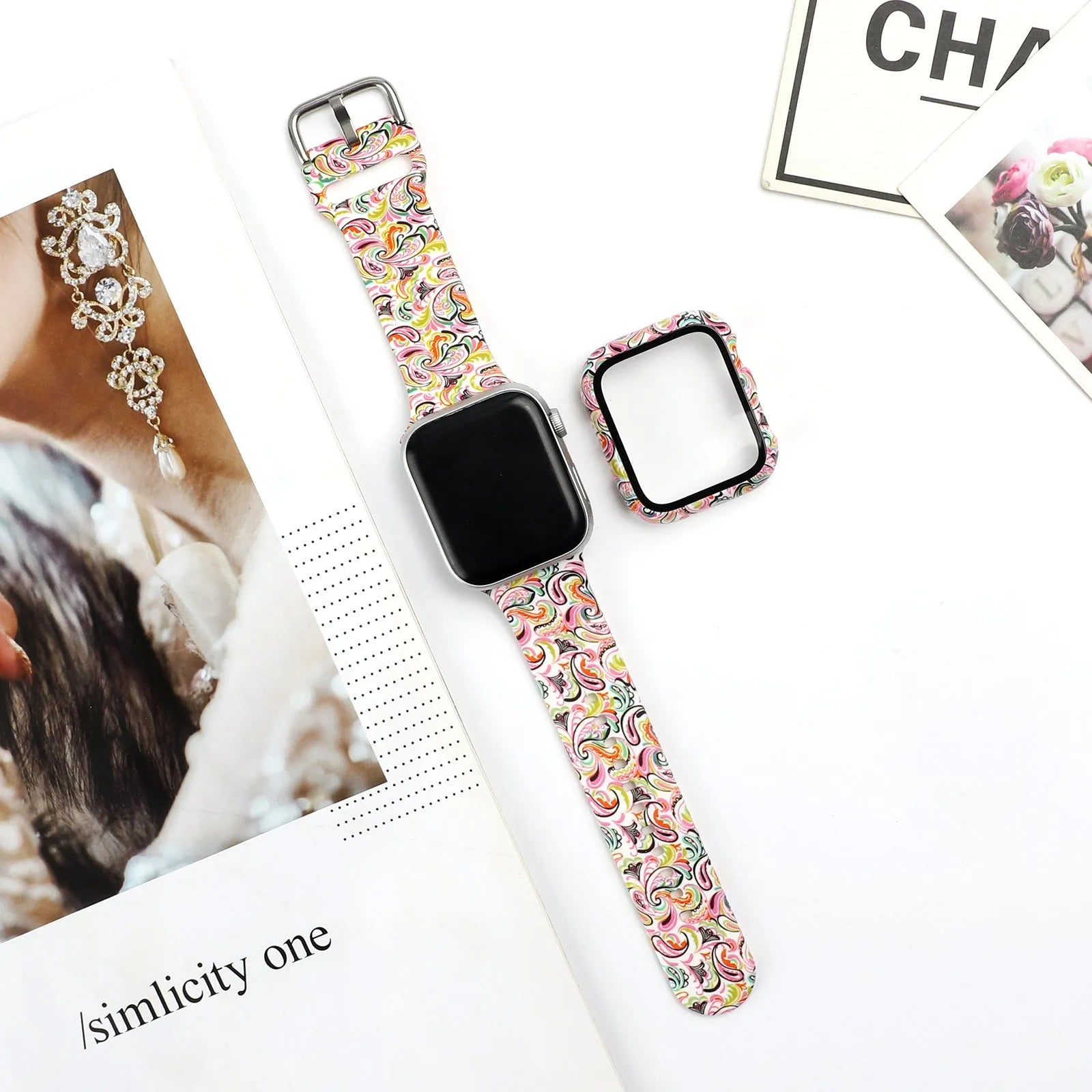 Printed silicone replacement strap for Apple Watch showing design options and 38mm 40mm 42mm 44mm size compatibility.