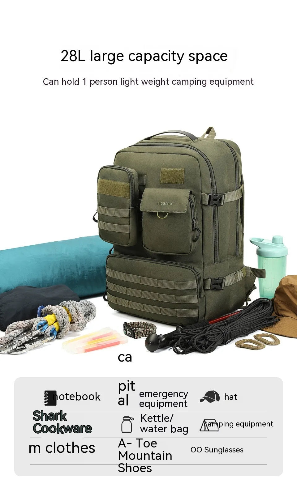 17-inch army green tactical backpack with waterproof nylon construction and 20-35L capacity
