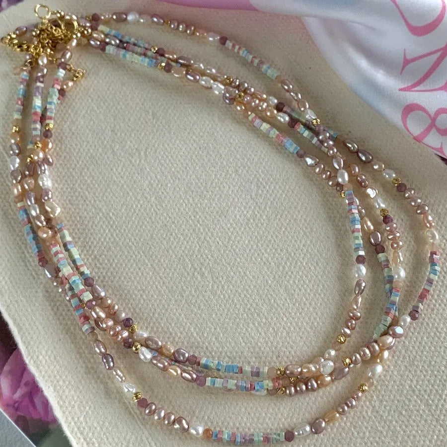 Natural pearl bracelet and necklace set with 14K gold-plating in U-shaped configuration