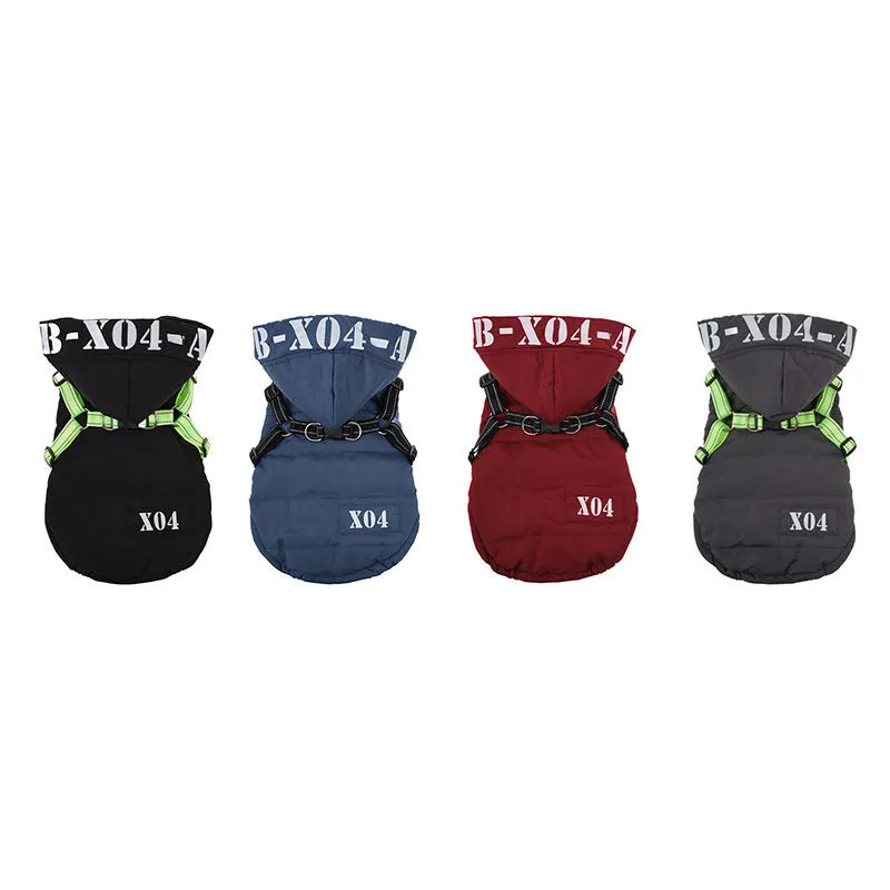 Fleece-lined waterproof dog winter jacket with hood in red colour on small dog