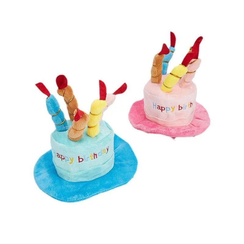Blue or pink felt dog birthday hat for small to medium sized dogs, approximately 21cm by 15cm