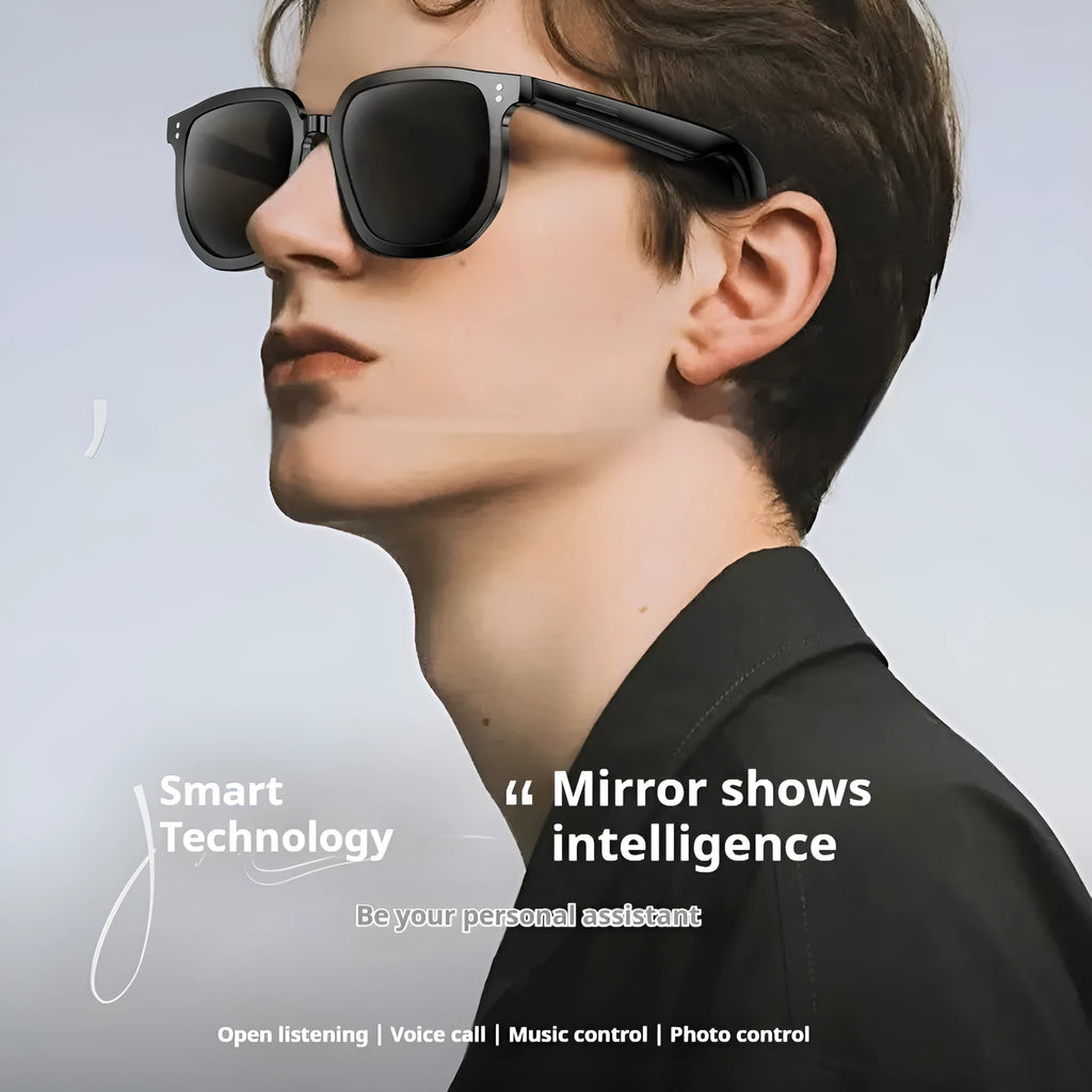 Black AI smart glasses with Bluetooth audio and UV protection lenses.