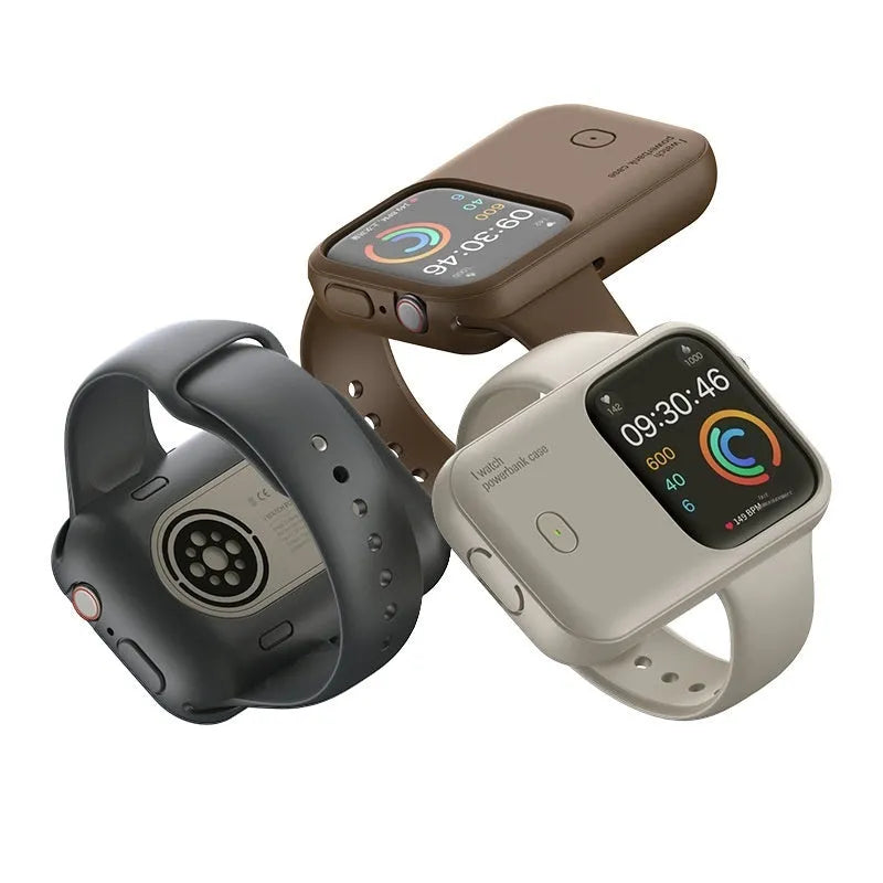 Apple Watch portable wireless charging case with silicone protector in brown, blue, and starlight colours.
