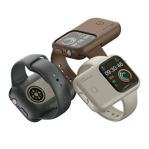 Apple Watch portable wireless charging case with silicone protector in brown, blue, and starlight colours.