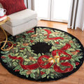 Christmas round pad polyester carpet mat in festive printed design on floor.