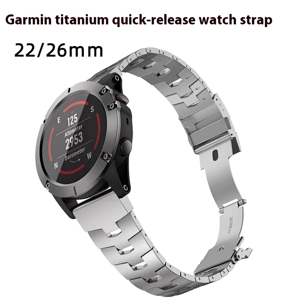 Garmin Fenix smartwatch replacement strap in silver, black and titanium colour options showing 22mm and 26mm width sizes