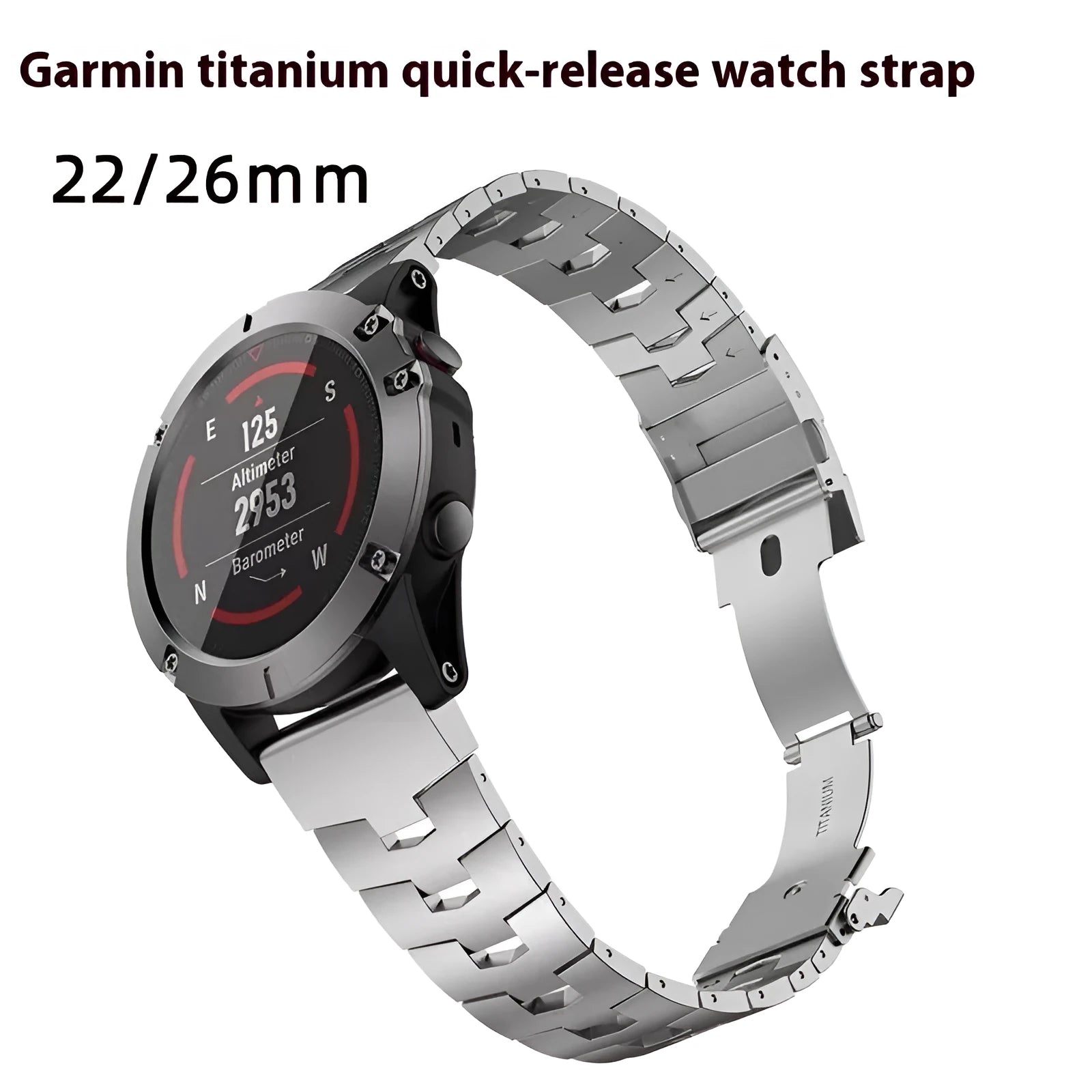 Garmin Fenix smartwatch replacement strap in silver, black and titanium colour options showing 22mm and 26mm width sizes