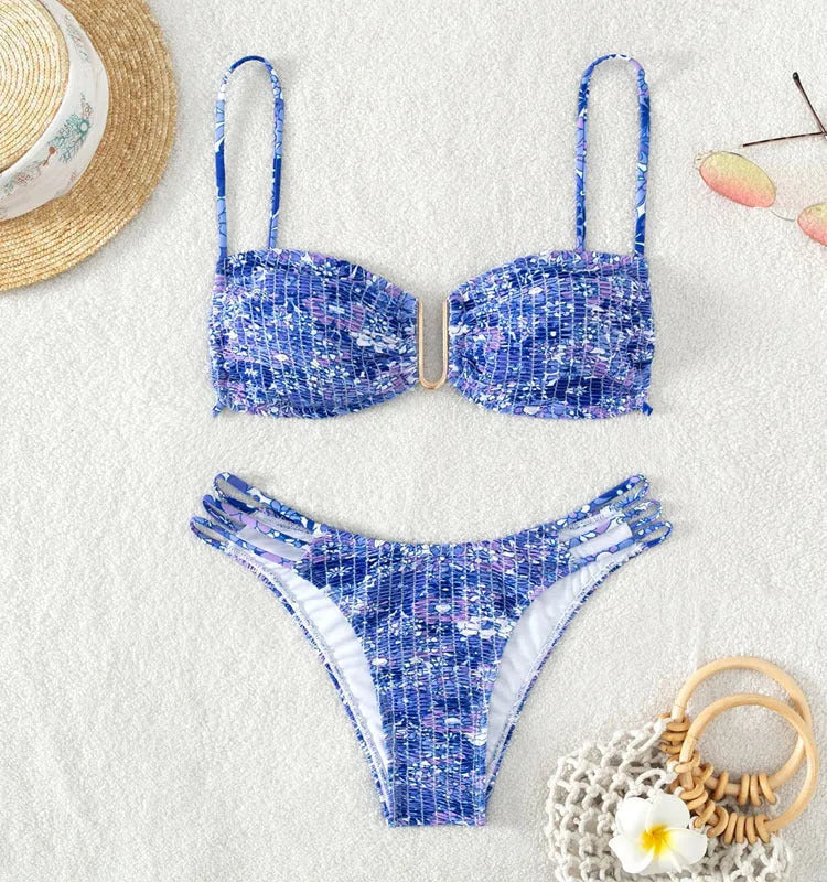 Women's floral bikini swimsuit with high-waisted briefs in blue, orange, pink, or rose red colours