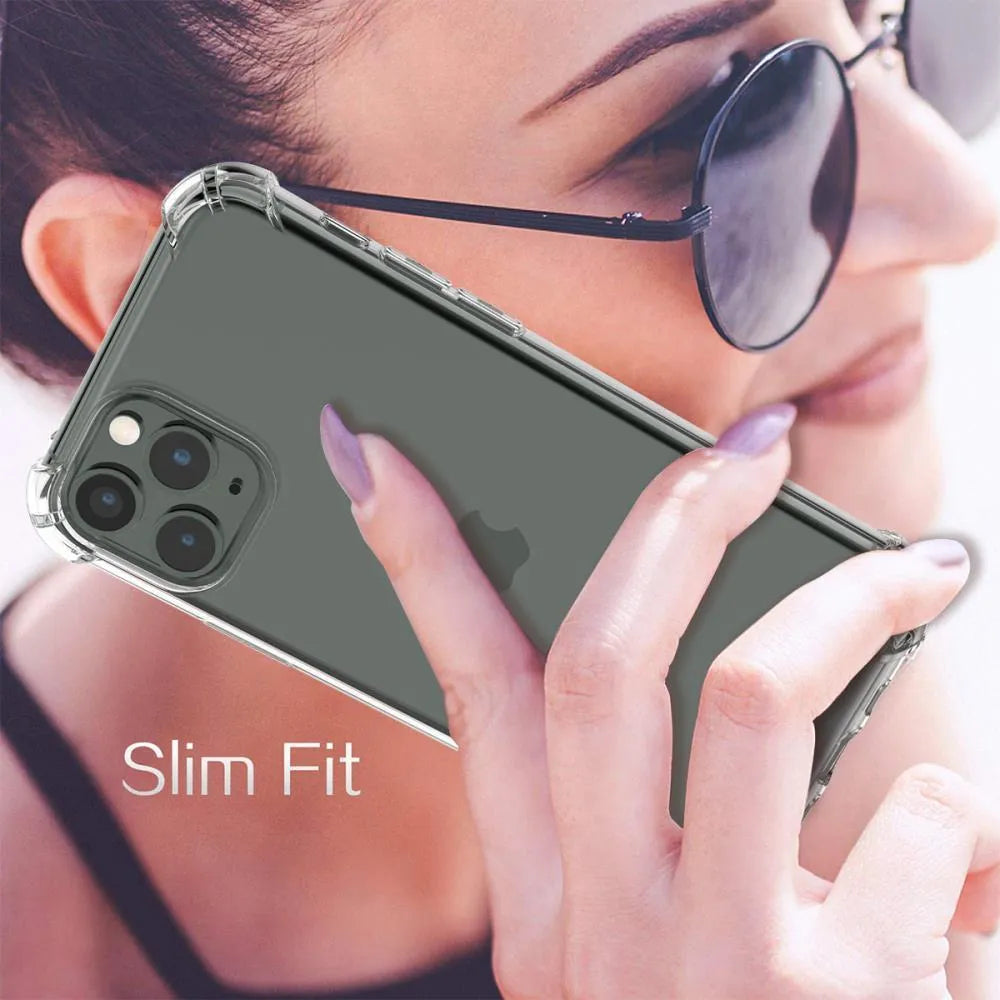 Clear transparent shockproof TPU phone case shown on an iPhone displaying precise button cutouts and port access