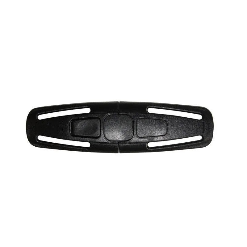 Black nylon child safety seat belt clip buckle measuring 14.5 by 4 centimetres
