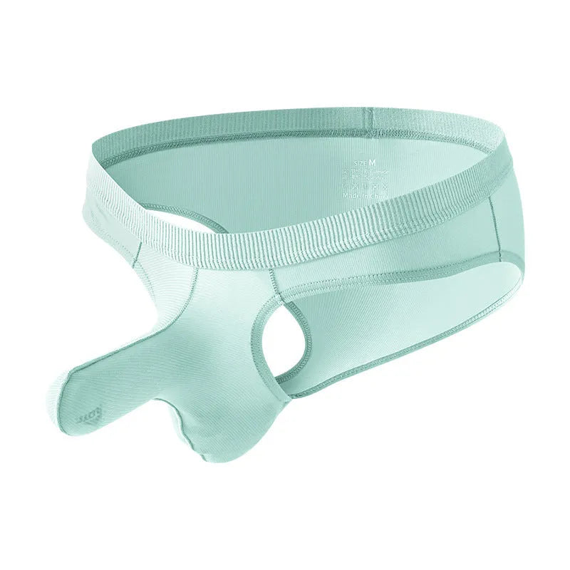 Men's low waist ice silk briefs in five colour options showing knitted nylon fabric