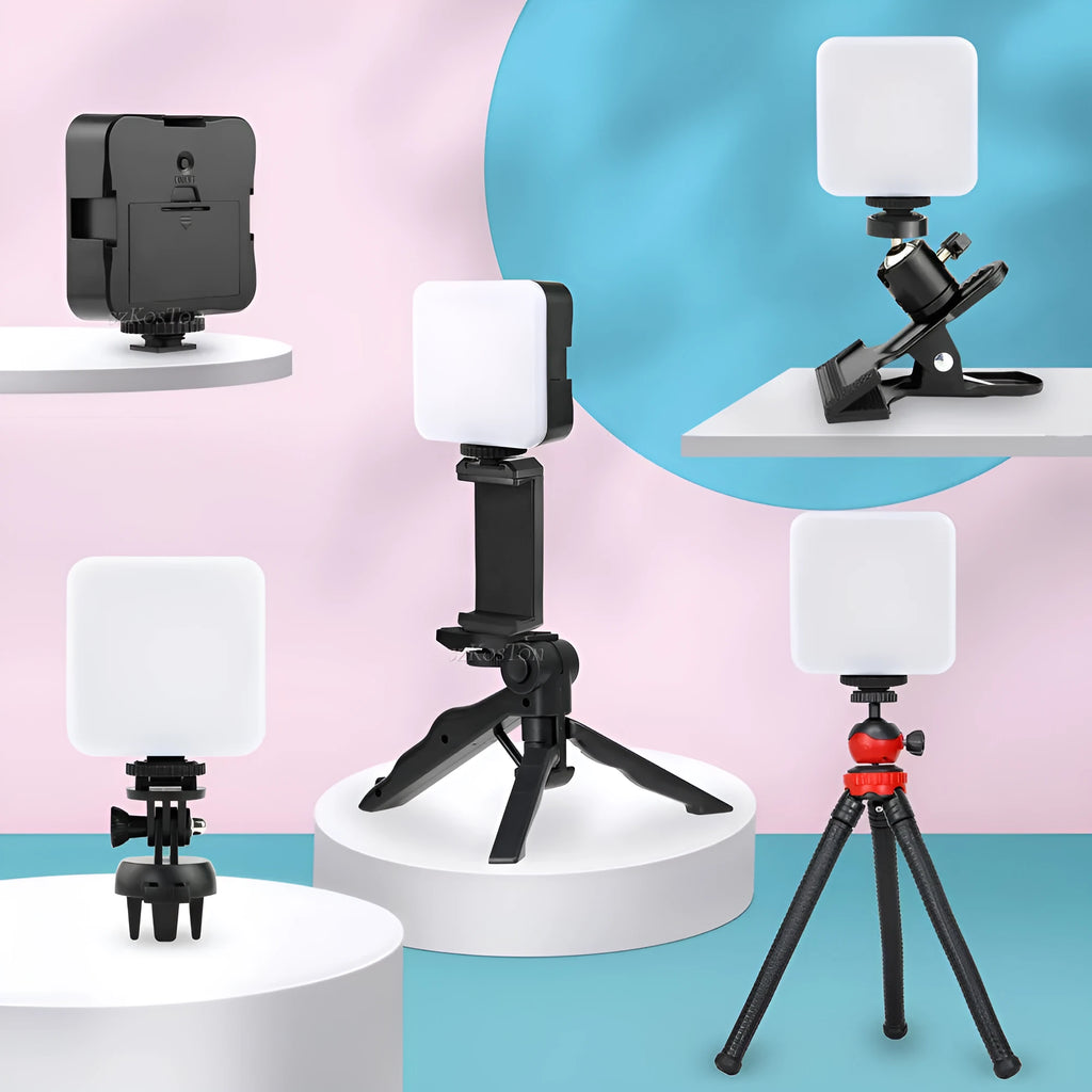 LED mini square universal camera flash on a pocket tripod, showing compact size and rotatable flash head.