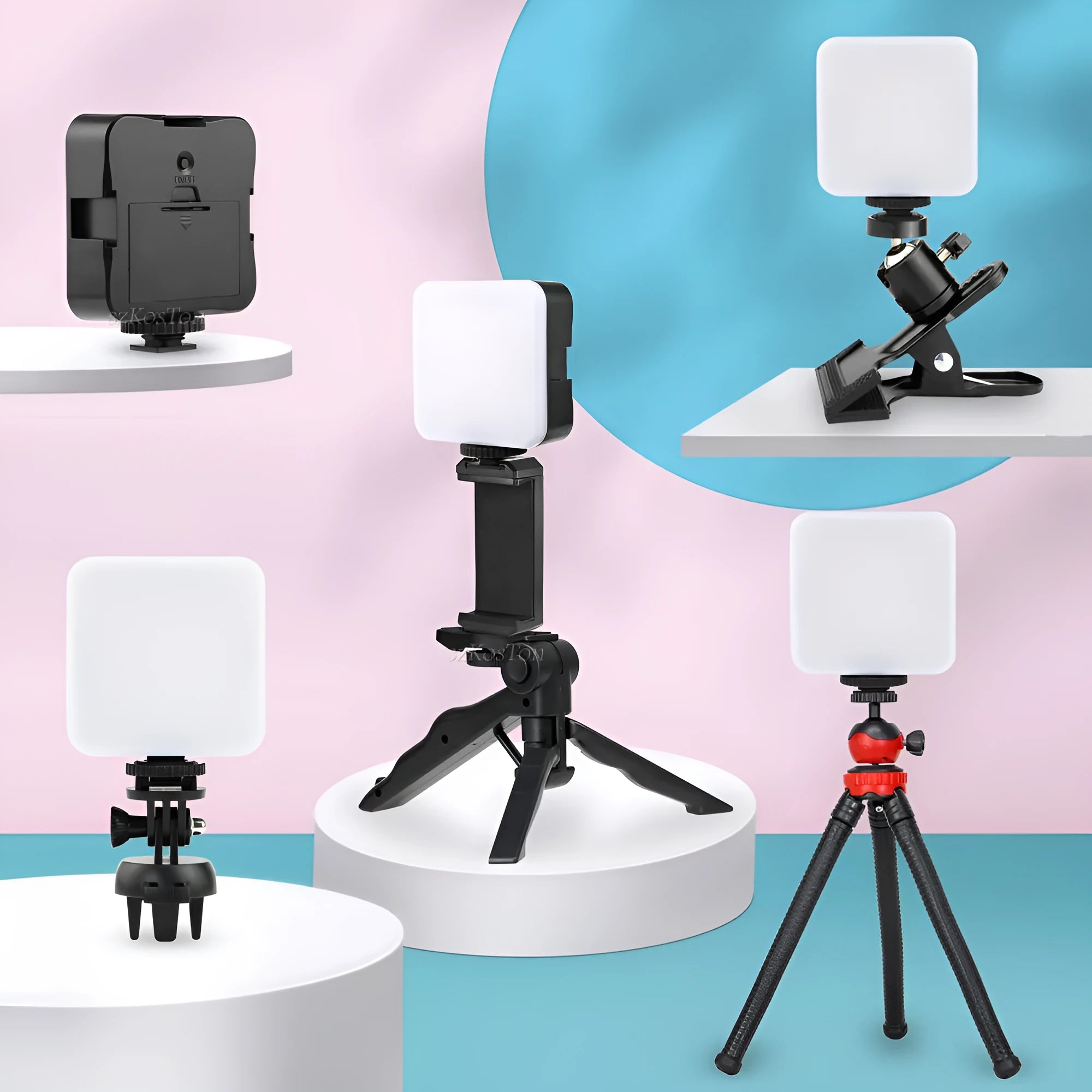 LED mini square universal camera flash on a pocket tripod, showing compact size and rotatable flash head.