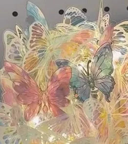 Handmade butterfly night lamp with glass shade on raw wood base, 12x15cm bedside light.