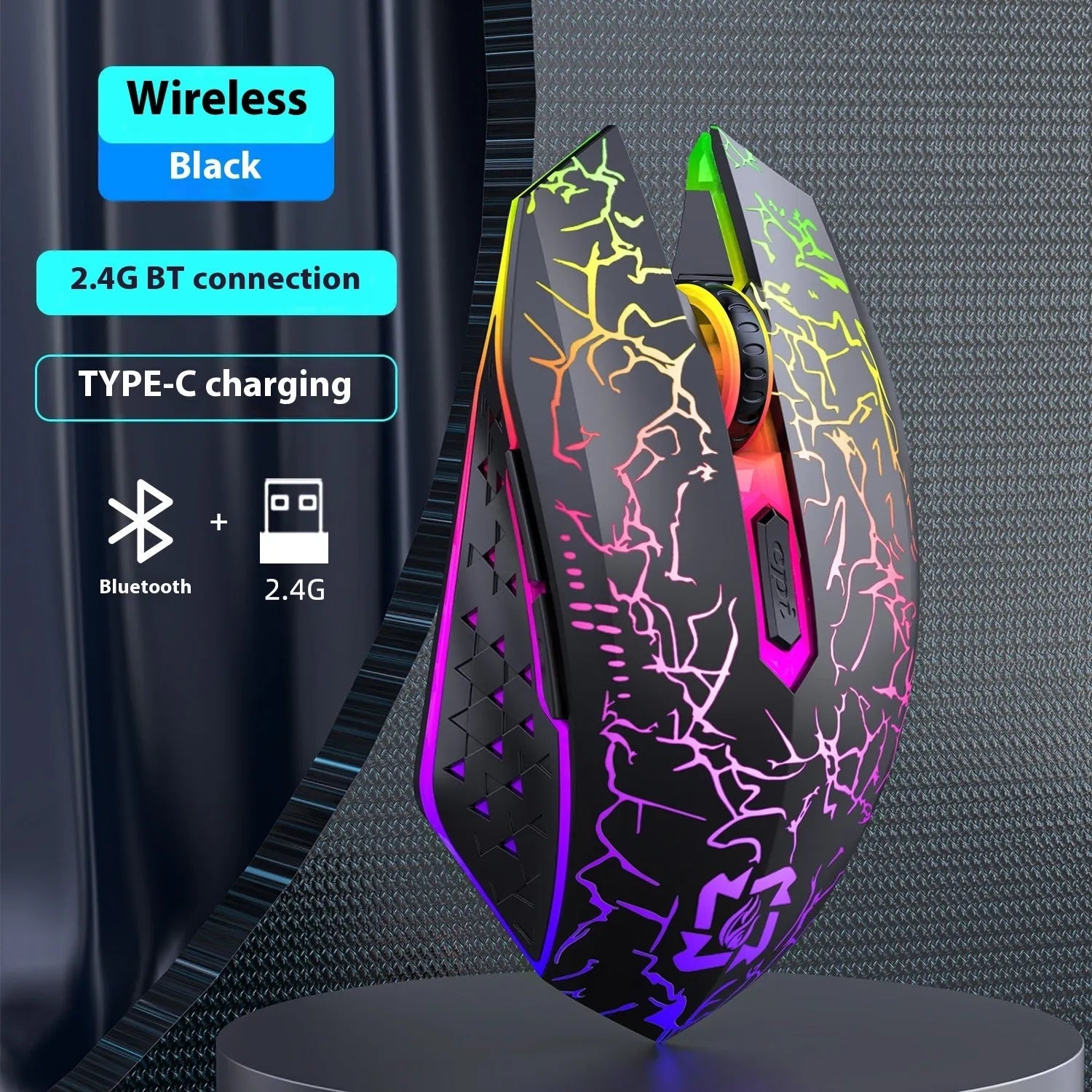 Black and white versions of a wireless gaming mouse with luminous breathing light on a desk with charging cable.