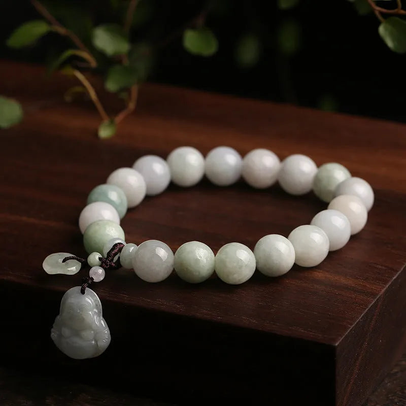 Adjustable natural jade bracelet with geometric pendant and symbolic apple, Maitreya, gourd, and money bag charms.