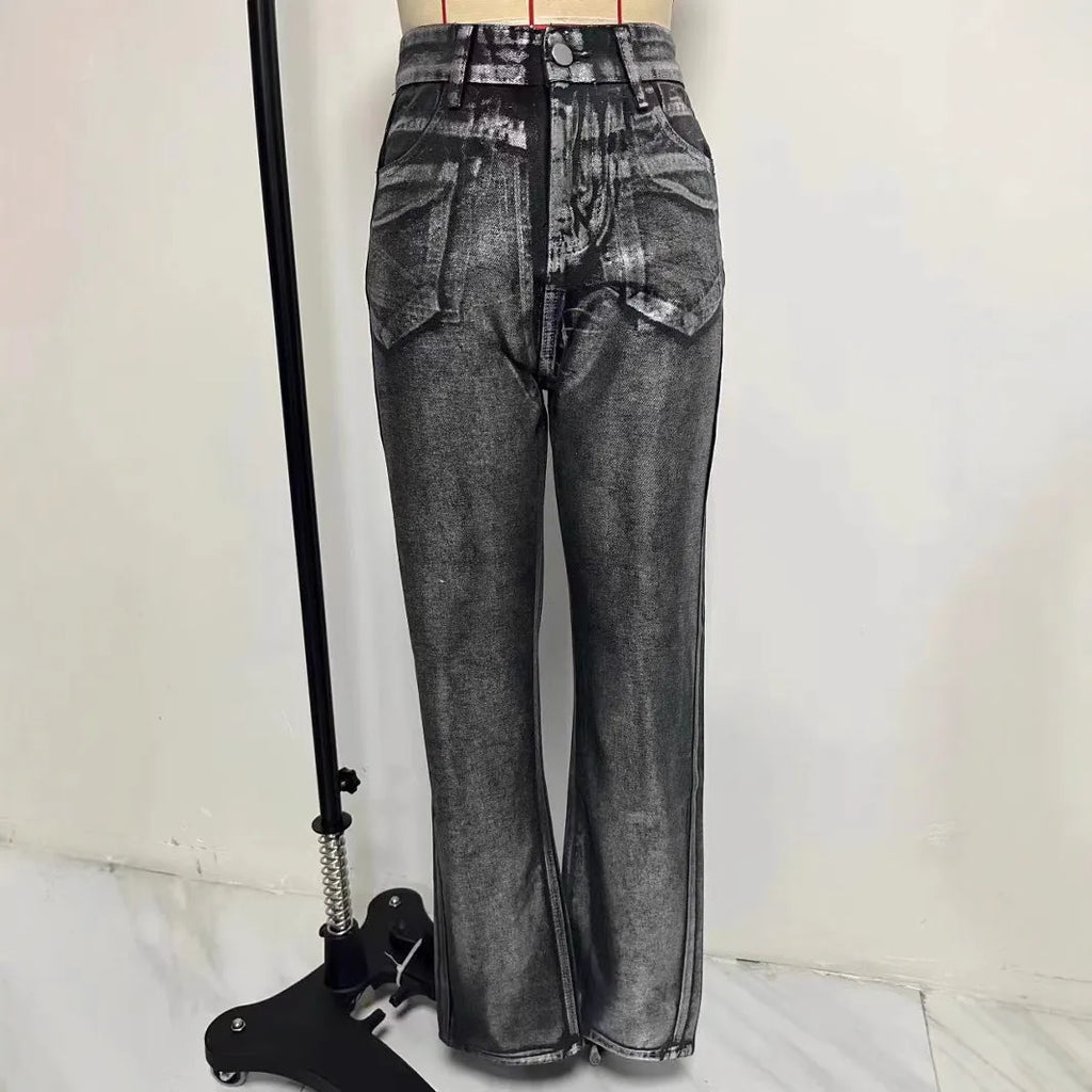 Blue high waist straight leg women's jeans with silver contrast stitching on denim fabric