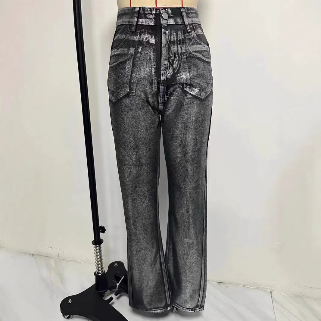 Blue high waist straight leg women's jeans with silver contrast stitching on denim fabric
