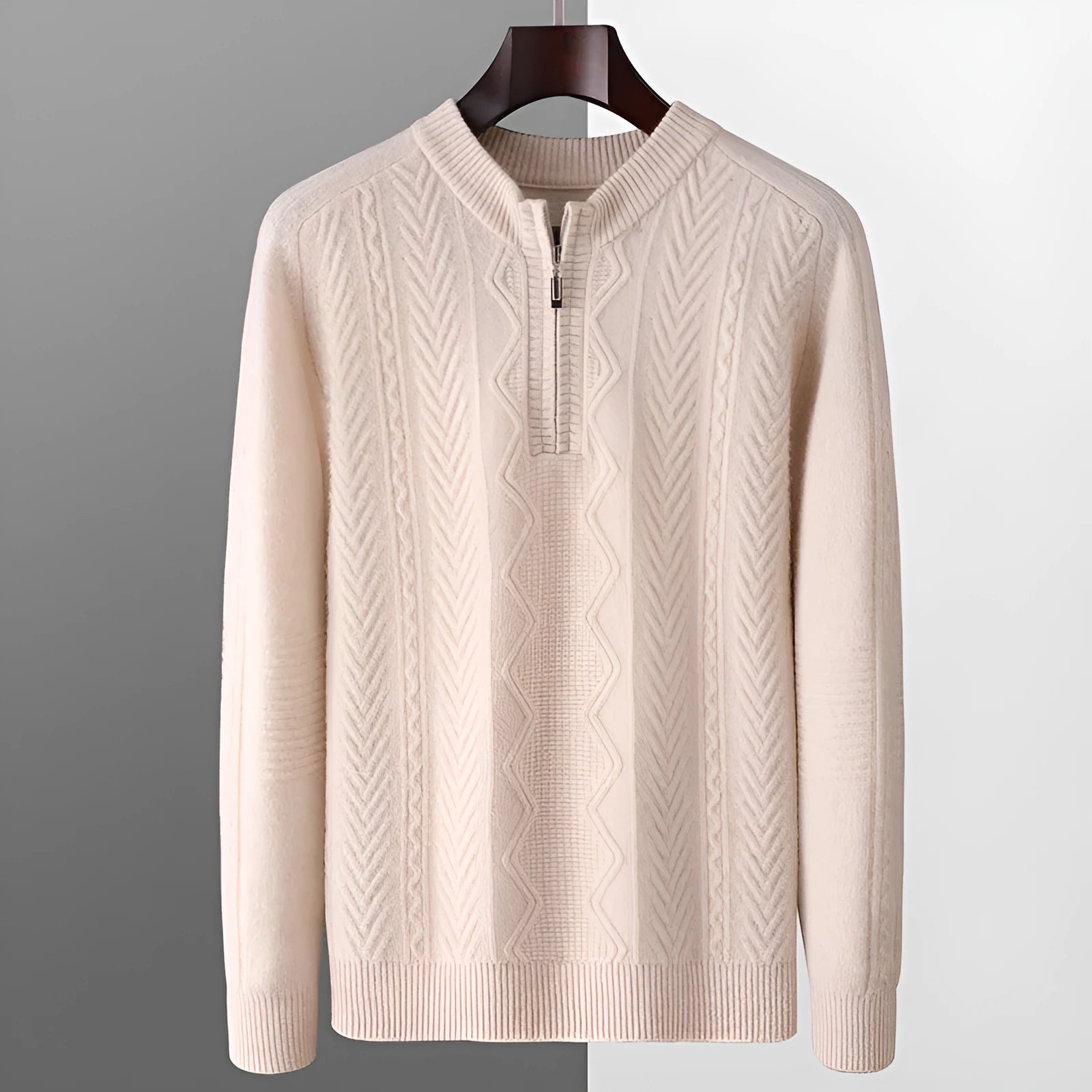 Men's diamond lattice pattern half-zip wool sweater in light camel colour showing front view