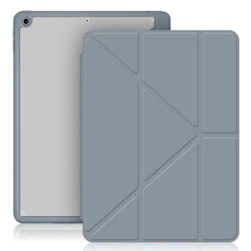 Acrylic Y folding iPad protective case in dark grey showing folding stand and built-in pen slot