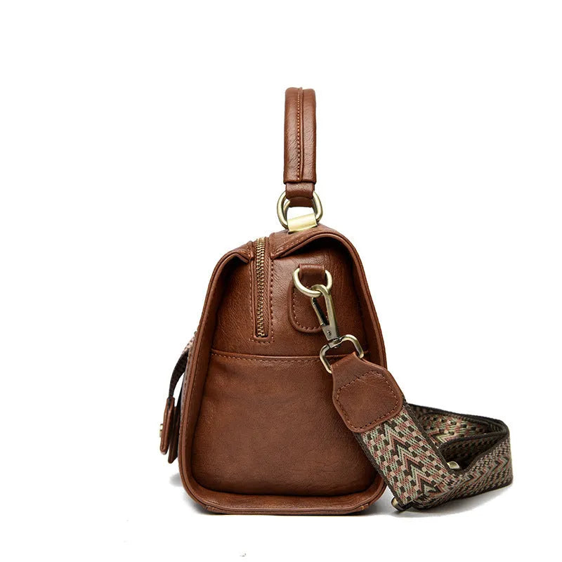 Retro style soft PU women's crossbody bag in a horizontal square shape with a sandwich pocket.