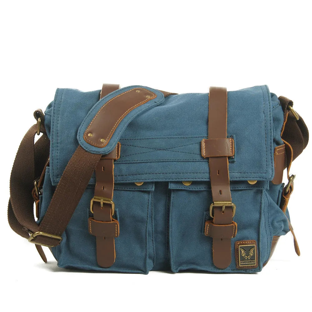 Men's brown retro canvas crossbody bag with a flap closure and a single shoulder strap.