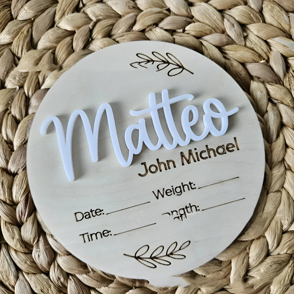 Square wooden baby birth information name label sign measuring 15cm
