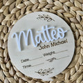 Square wooden baby birth information name label sign measuring 15cm