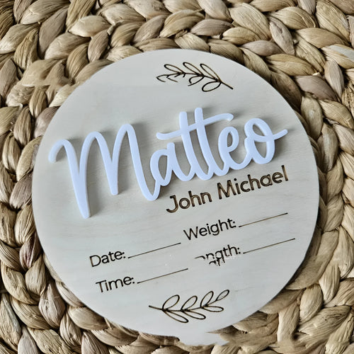 Square wooden baby birth information name label sign measuring 15cm