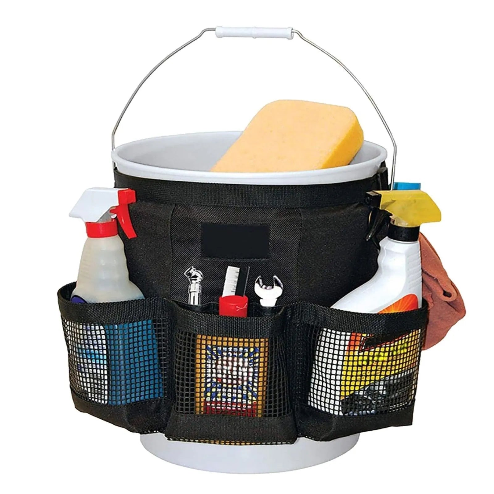 Black cylindrical polyester hanging storage bag shown fitted on a 5 gallon barrel.