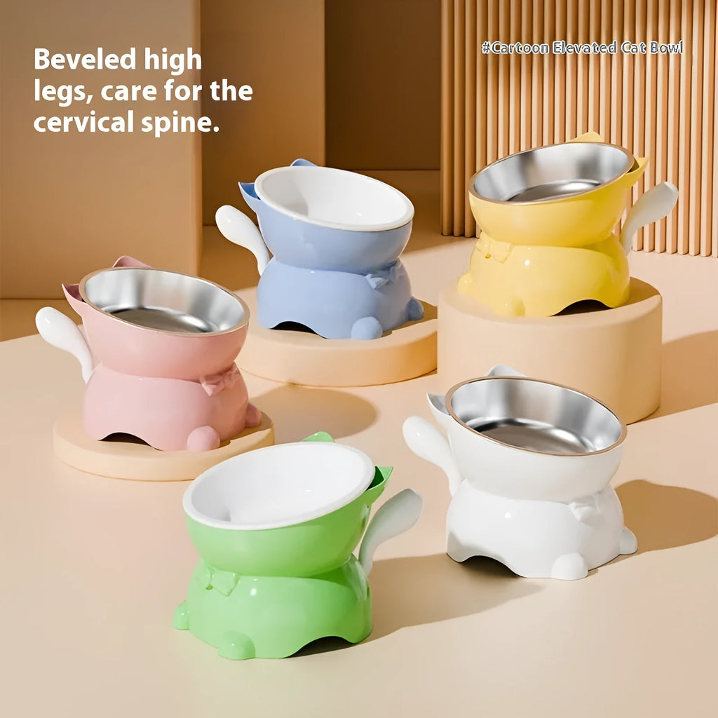 Stainless steel oblique anti-fall cat bowl in choice of colours on a non-slip base.