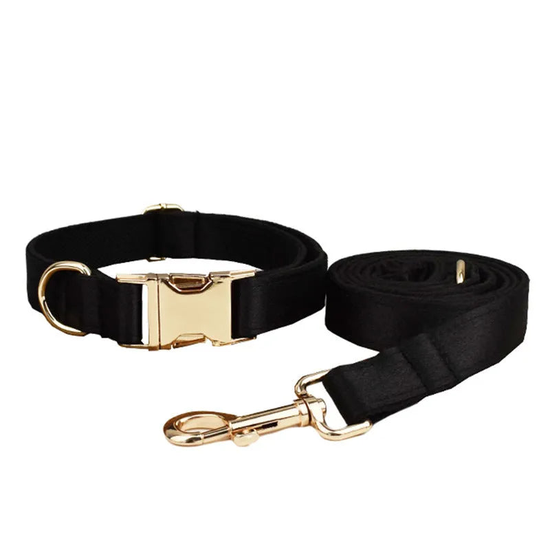 Cloth dog collar, leash, bow, and vest set shown in multiple sizes for pets.