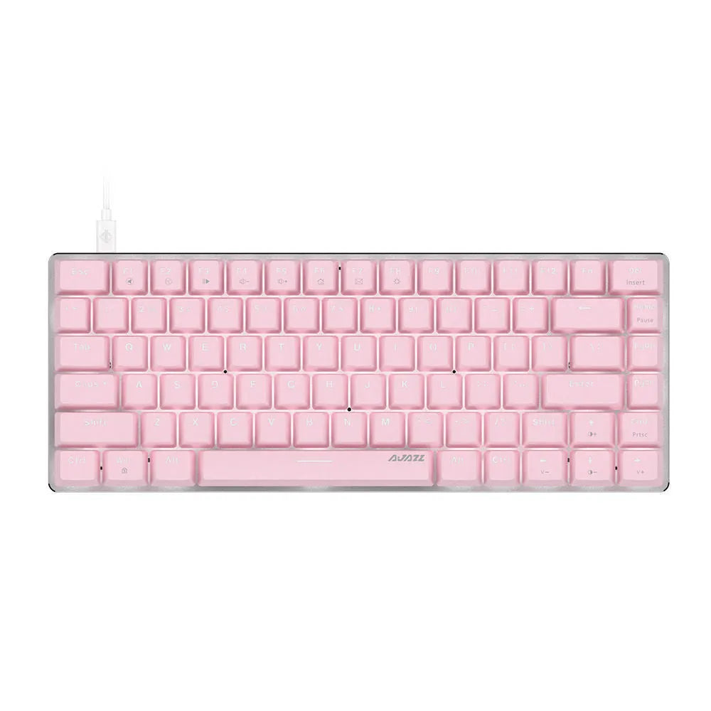 82-key mechanical keyboard with white backlight and metal construction beside laptop