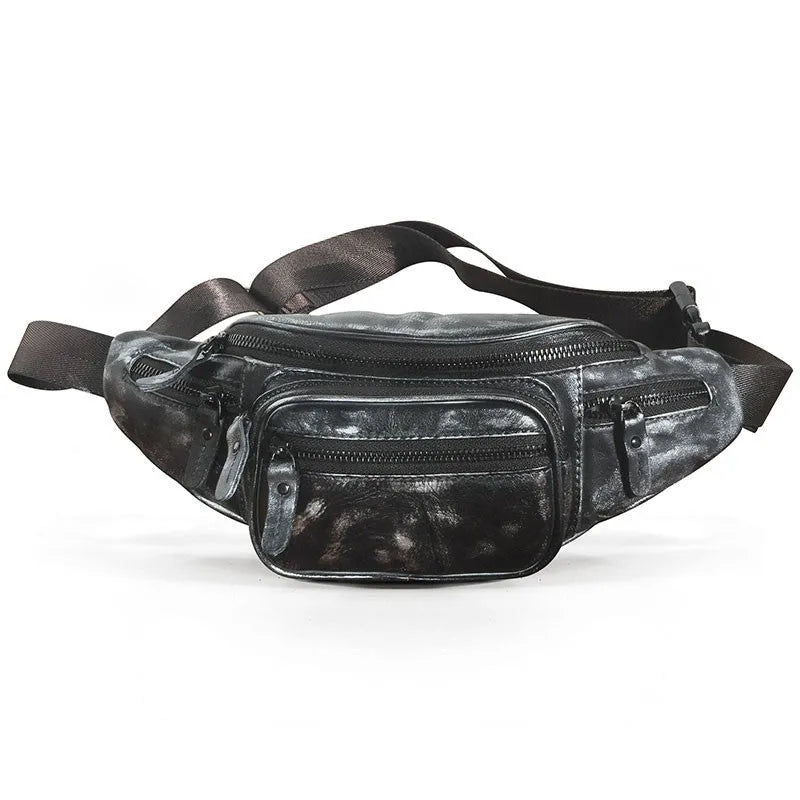 Dark crazy horse cowhide leather messenger bag showing front flap and adjustable shoulder strap.
