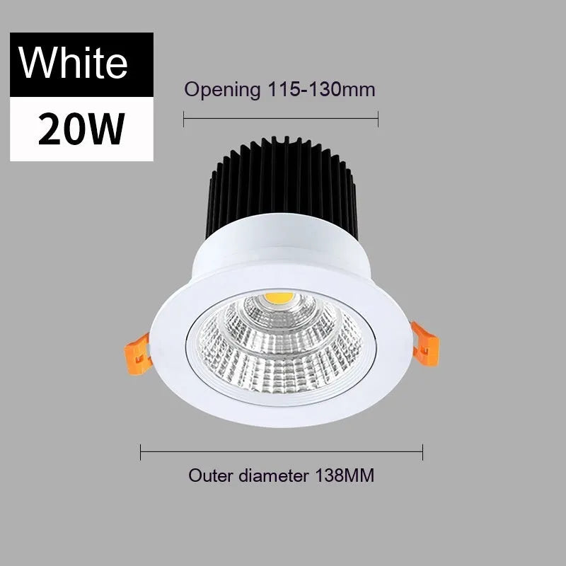 Modern white aluminium recessed LED ceiling spotlight with anti-glare design for embedded installation.
