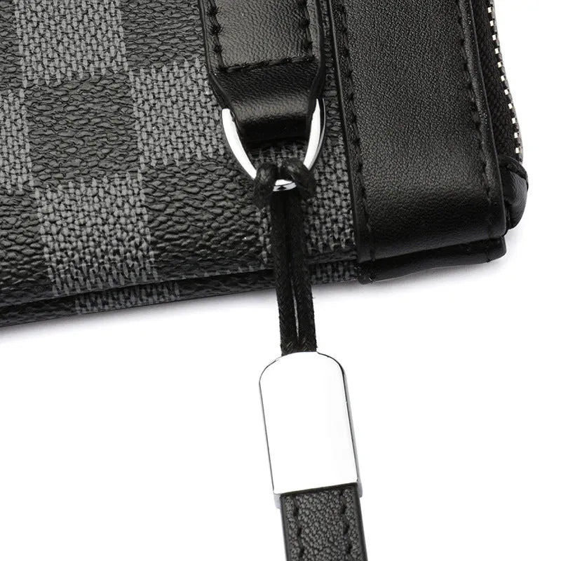 Black men's cowhide leather clutch wallet showing front view with dimensions 20x10 cm.
