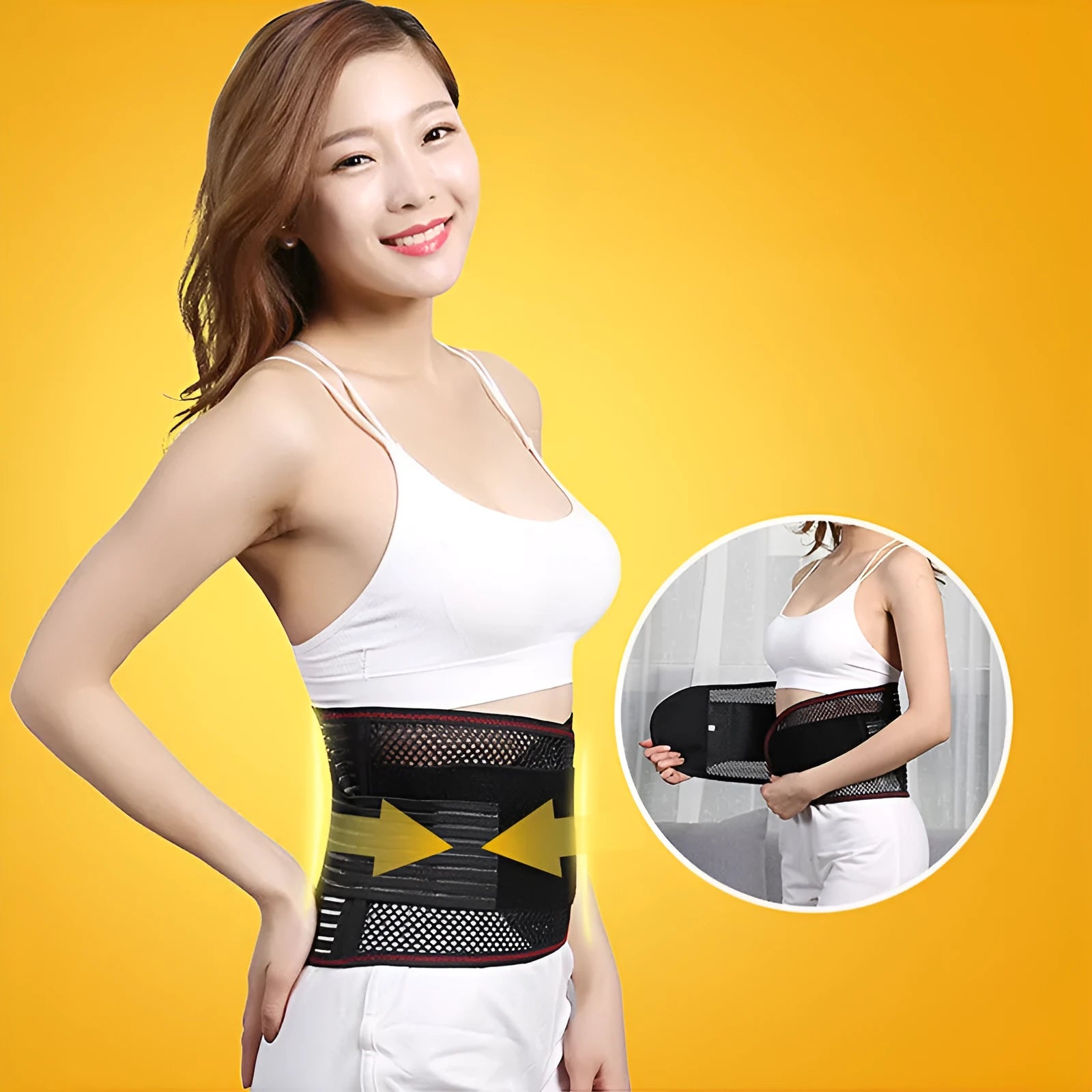 Black sports waist support with steel plate lumbar reinforcement shown with size options for adult athletes