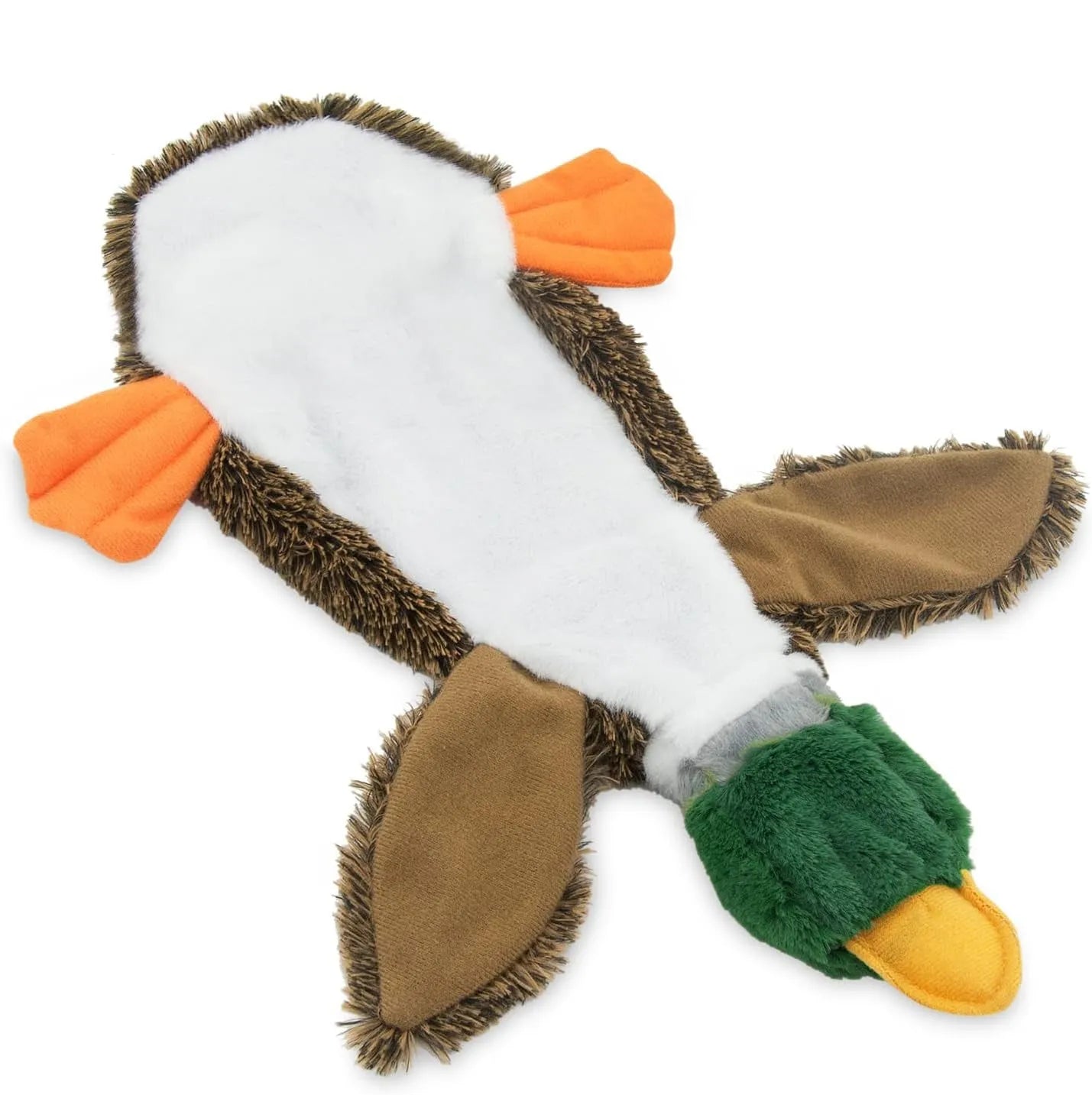 Green wild duck stuffless dog toy with squeakers and bottom opening for bottle insertion