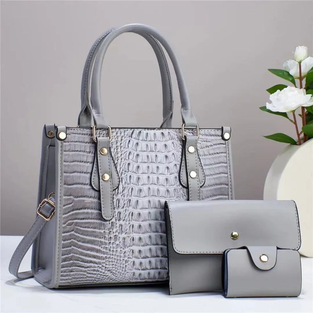 PU leather three-piece organiser set with crossbody bag, wallet, and card holder in contrasting colours