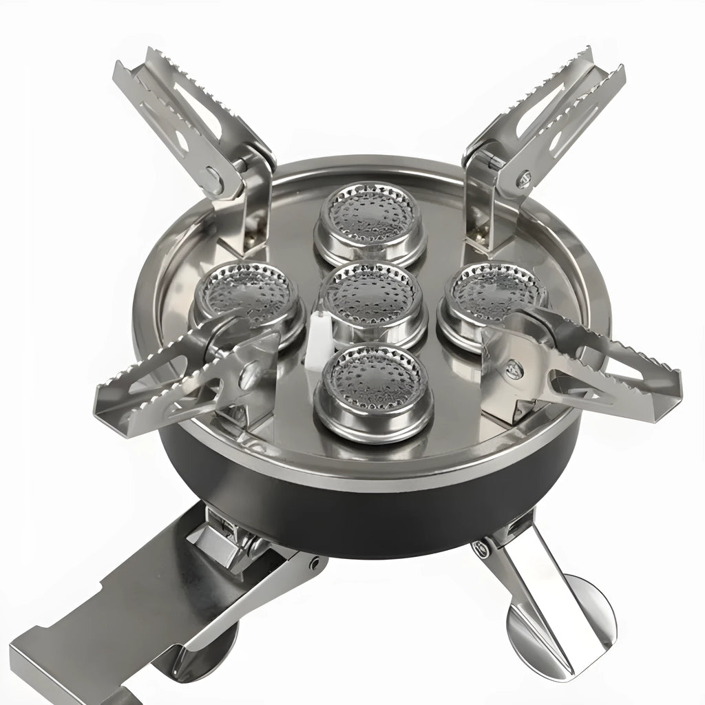 Silver portable split camping stove with hose, dimensions 155mm by 125mm.